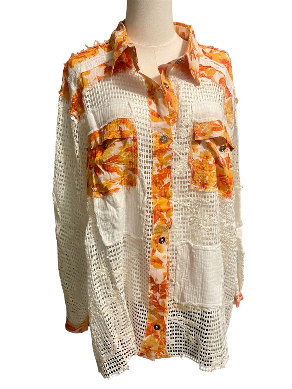 POL Floral Crochet Patchwork Button Down Top Boho Lace Gauze Shirt M NWT - Picture 6 of 12